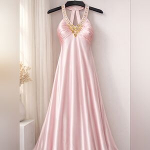 Dave & Johnny Blush Pink Beaded Halter Gown – Size 15/16
